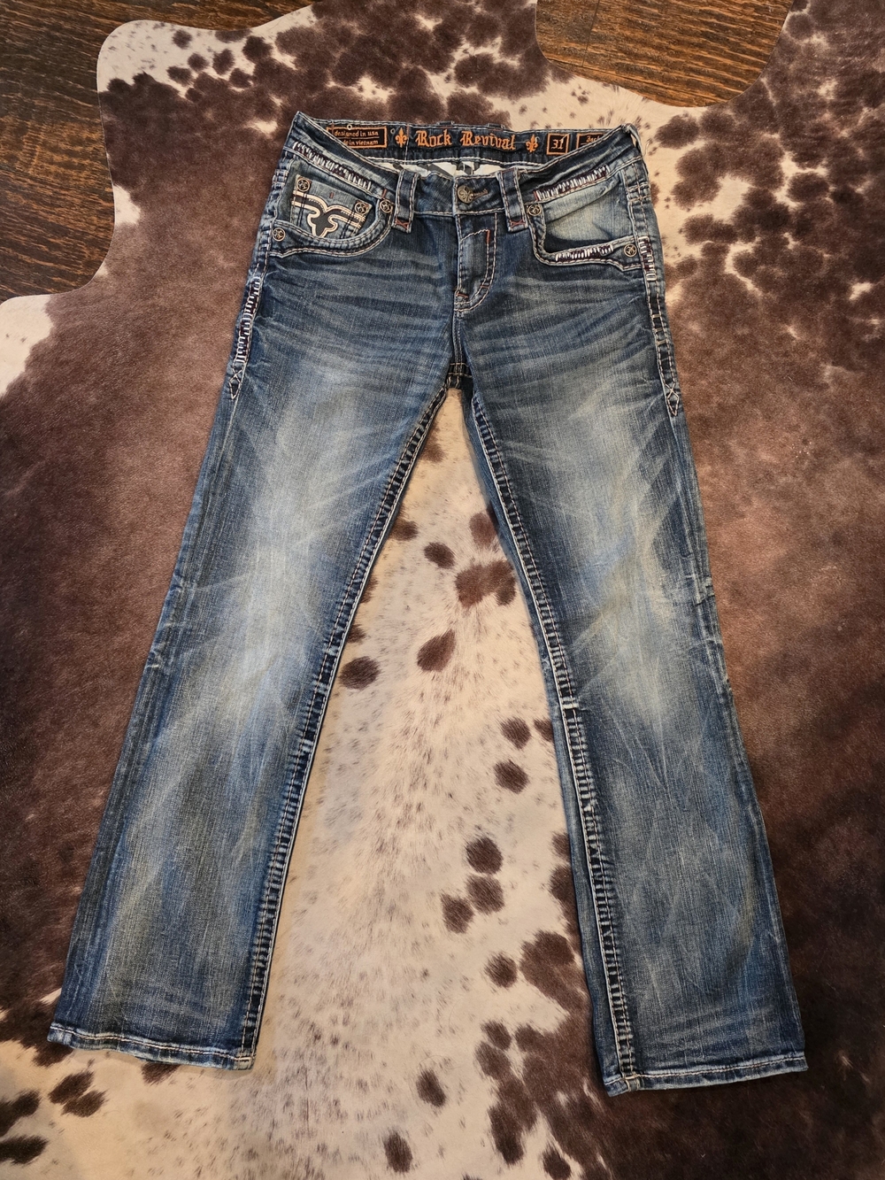 Rock Revival Jack Slim Boot Jeans Men’s 31 Blue Fleur De Lis
